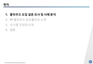 목차
1. 클라우드 도입 설문 조사 및 사례 분석
2. HP 클라우드 포트폴리오 소개
3. 시스템 구성안 소개
4. 결론

© 2014 Hewlett-Packard Development Company, L.P.

 