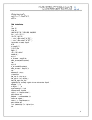 39
title('carrier signal');
xlabel('t--->');ylabel('c(t)');
grid on;
FSK Modulation
clc;
clear all;
close all;
%GENERATE CARRIER SIGNAL
Tb=1; fc1=2;fc2=5;
t=0:(Tb/100):Tb;
c1=sqrt(2/Tb)*sin(2*pi*fc1*t);
c2=sqrt(2/Tb)*sin(2*pi*fc2*t);
%generate message signal
N=8;
m=rand(1,N);
t1=0;t2=Tb
for i=1:N
t=[t1:(Tb/100):t2]
if m(i)>0.5
m(i)=1;
m_s=ones(1,length(t));
invm_s=zeros(1,length(t));
else
m(i)=0;
m_s=zeros(1,length(t));
invm_s=ones(1,length(t));
end
message(i,:)=m_s;
%Multiplier
fsk_sig1(i,:)=c1.*m_s;
fsk_sig2(i,:)=c2.*invm_s;
fsk=fsk_sig1+fsk_sig2;
%plotting the message signal and the modulated signal
subplot(3,2,2);
axis([0 N -2 2]);
plot(t,message(i,:),'r');
title('message signal');
xlabel('t --->');ylabel('m(t)');
grid on;hold on;
subplot(3,2,5);plot(t,fsk(i,:));
title('FSK signal');
xlabel('t --->');ylabel('s(t)');
grid on;hold on;
t1=t1+(Tb+.01); t2=t2+(Tb+.01);
end
COMMUNICATION SYSTEMS LAB MANUAL
JANSONS INSTITUTE OF TECHNOLOGY
III
YEAR
 