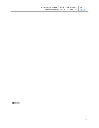 43
RESULT:
COMMUNICATION SYSTEMS LAB MANUAL
JANSONS INSTITUTE OF TECHNOLOGY
III
YEAR
 