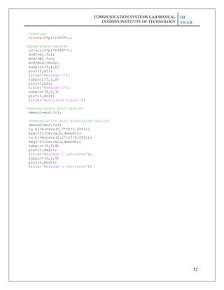 52
%Carrier
c1=cos(2*pi*1000*t);
%Quadrature Carrier
c2=sin(2*pi*1000*t);
mod1=m1.*c1;
mod2=m2.*c2;
mod=mod1+mod2;
subplot(5,1,1)
plot(t,m1);
title('Message 1');
subplot(5,1,2)
plot(t,m2);
title('Message 2');
subplot(5,1,3)
plot(t,mod);
title('Modulated Signal');
%Demodulation with Carrier
demod1=mod.*c1;
%Demodulation with Quadrature Carrier
demod2=mod.*c2;
[a b]=butter(5,2*55*0.0001);
msg1=filter(a,b,demod1);
[a b]=butter(5,2*105*0.0001);
msg2=filter(a,b,demod2);
subplot(5,1,4)
plot(t,msg1);
title('Message 1 retrieved');
subplot(5,1,5)
plot(t,msg2);
title('Message 2 retrieved');
COMMUNICATION SYSTEMS LAB MANUAL
JANSONS INSTITUTE OF TECHNOLOGY
III
YEAR
 