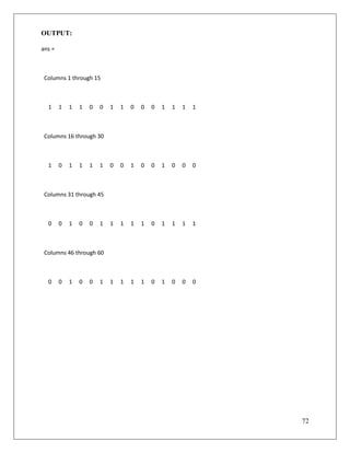 72
OUTPUT:
ans =
Columns 1 through 15
1 1 1 1 0 0 1 1 0 0 0 1 1 1 1
Columns 16 through 30
1 0 1 1 1 1 0 0 1 0 0 1 0 0 0
Columns 31 through 45
0 0 1 0 0 1 1 1 1 1 0 1 1 1 1
Columns 46 through 60
0 0 1 0 0 1 1 1 1 1 0 1 0 0 0
 