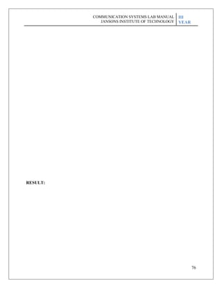 76
RESULT:
COMMUNICATION SYSTEMS LAB MANUAL
JANSONS INSTITUTE OF TECHNOLOGY
III
YEAR
 