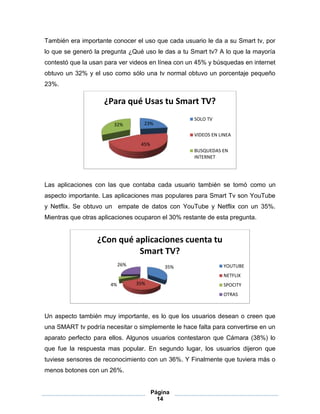 Página
14
También era importante conocer el uso que cada usuario le da a su Smart tv, por
lo que se generó la pregunta ¿Qué uso le das a tu Smart tv? A lo que la mayoría
contestó que la usan para ver videos en línea con un 45% y búsquedas en internet
obtuvo un 32% y el uso como sólo una tv normal obtuvo un porcentaje pequeño
23%.
Las aplicaciones con las que contaba cada usuario también se tomó como un
aspecto importante. Las aplicaciones mas populares para Smart Tv son YouTube
y Netflix. Se obtuvo un empate de datos con YouTube y Netflix con un 35%.
Mientras que otras aplicaciones ocuparon el 30% restante de esta pregunta.
Un aspecto también muy importante, es lo que los usuarios desean o creen que
una SMART tv podría necesitar o simplemente le hace falta para convertirse en un
aparato perfecto para ellos. Algunos usuarios contestaron que Cámara (38%) lo
que fue la respuesta mas popular. En segundo lugar, los usuarios dijeron que
tuviese sensores de reconocimiento con un 36%. Y Finalmente que tuviera más o
menos botones con un 26%.
23%
45%
32%
¿Para qué Usas tu Smart TV?
SOLO TV
VIDEOS EN LINEA
BUSQUEDAS EN
INTERNET
35%
35%4%
26%
¿Con qué aplicaciones cuenta tu
Smart TV?
YOUTUBE
NETFLIX
SPOCITY
OTRAS
 