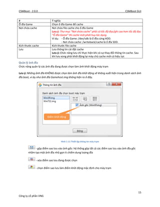 CSMBoot - 2.0.0 CSMBoot GUI
15
Công ty cổ phần VNG
# Ý nghĩa
Ổ đĩa Game Chọn ổ đĩa Game để cache
Nơi chứa cache Nơi chứa file cache cho ổ đĩa Game
Lưu ý: Thư mục “Nơi chứa cache” phải có tốc độ đọc/ghi cao hơn tốc độ đọc
“Ổ đĩa Game” thì cache mới phát huy tác dụng.
Ví dụ: - Ổ đĩa Game: /dev/sdb là ổ đĩa cứng HDD.
- Nơi chứa cache: /writeback/cache là ổ đĩa SDD.
Kích thước cache Kích thước file cache
Lưu Lưu thông tin cài đặt cache
Lưu ý: Chức năng lưu chỉ thực hiện khi có sự thay đổi thông tin cache. Sau
khi lưu xong phải khởi động lại máy chủ cache mới có hiệu lực
Quản lý ảnh đĩa
Chức năng quản lý các ảnh đĩa đang được chọn làm ảnh khởi động máy trạm
Lưu ý: Những ảnh đĩa KHÔNG được chọn làm ảnh đĩa khởi động sẽ không xuất hiện trong danh sách ảnh
đĩa boot, ví dụ như ảnh đĩa Gamehost.img không hiện ra ở đây.
Hình 1-11 Thiết lập thông tin máy trạm
- gộp điểm sao lưu vào ảnh gốc: hệ thống gộp tất cả các điểm sao lưu vào ảnh đĩa gốc
nhằm tạo một ảnh đĩa nhỏ gọn ít chiếm dung lượng đĩa
- xóa điểm sao lưu đang được chọn
- chọn điểm sao lưu làm điểm khởi động mặc định cho máy trạm
Điểm khởi động
 