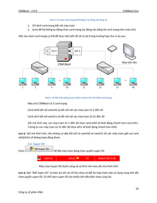 CSMBoot - 2.0.0 CSMBoot GUI
20
Công ty cổ phần VNG
Hình 1-15 Chọn card mạng khởi động / tự động cân bằng tải
1. Chỉ định card mạng kết nối máy trạm
2. Auto để hệ thống tự động chọn card mạng (tự động cân bằng tải card mạng trên máy chủ)
Việc lựa chọn card mạng cụ thể để thực hiện kết nối sẽ có lợi trong trường hợp như ví dụ sau:
Switch 0 Switch 1
1 2 3 21 22 2320 30
CSM Boot
Eth 0 Eth 1
Máy tính tiền
... ...
Hình 1-16 Mô hình phòng máy nhiều switchs kết nối nhiều card mạng
Máy chủ CSMBoot có 2 card mạng
Card eth0 kết nối switch0 và kết nối với các máy trạm từ 1 đến 20
Card eth1 kết nối switch1 và kết nối với các máy trạm từ 21 đến 30
Với mô hình này, các máy trạm từ 1 đến 20 chọn card eth0 sẽ khởi động nhanh hơn card eth1.
Tương tự các máy trạm từ 21 đến 30 chọn eth1 sẽ khởi động nhanh hơn eth0.
Lưu ý: Với mô hình trên, nếu không có dây kết nối từ switch0 và switch1 thì các máy trạm gắn sai card
eth0/eth1 sẽ không hoạt động được.
3.4. Super OS
Chọn để đặt máy trạm đang chọn quyền super OS
Máy chọn Super OS thành công sẽ có hình nền màu đỏ như hình trên
Lưu ý: Nút “Mở Super OS” có hiệu lực khi và chỉ khi chưa có bất kỳ máy trạm nào sử dụng cùng ảnh đĩa
chọn quyền super OS. Có thể chọn super OS cho nhiều ảnh đĩa khác nhau cùng lúc.
 