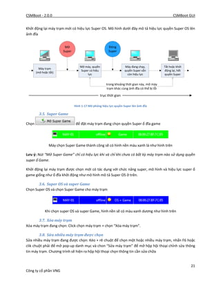 CSMBoot - 2.0.0 CSMBoot GUI
21
Công ty cổ phần VNG
Khởi động lại máy trạm mới có hiệu lực Super OS. Mô hình dưới đây mô tả hiệu lực quyền Super OS lên
ảnh đĩa
Máy trạm
(mở hoặc tắt)
Mở máy, quyền
Super có hiệu
lực
Tắt hoặc khởi
động lại, hết
quyền Super
trục thời gian
Mở
Super
Đóng
Super
Máy đang chạy,
quyền Super vẫn
còn hiệu lực
trong khoảng thời gian này, mở máy
trạm khác cùng ảnh đĩa có thể bị lỗi
Hình 1-17 Mô phỏng hiệu lực quyền Super lên ảnh đĩa
3.5. Super Game
Chọn để đặt máy trạm đang chọn quyền Super ổ đĩa game
Máy chọn Super Game thành công sẽ có hình nền màu xanh lá như hình trên
Lưu ý: Nút “Mở Super Game” chỉ có hiệu lực khi và chỉ khi chưa có bất kỳ máy trạm nào sử dụng quyền
super ổ Game.
Khởi động lại máy trạm được chọn mới có tác dụng với chức năng super, mô hình và hiệu lực super ổ
game giống như ổ đĩa khởi động như mô hình mô tả Super OS ở trên.
3.6. Super OS và super Game
Chọn Super OS và chọn Super Game cho máy trạm
Khi chọn super OS và super Game, hình nền sẽ có màu xanh dương như hình trên
3.7. Xóa máy trạm
Xóa máy trạm đang chọn: Click chọn máy trạm + chọn “Xóa máy trạm”.
3.8. Sửa nhiều máy trạm được chọn
Sửa nhiều máy trạm đang được chọn: Kéo + rê chuột để chọn một hoặc nhiều máy trạm, nhấn F6 hoặc
clik chuột phải để mở pop-up danh mục và chon “Sửa máy trạm” để mở hộp hội thoại chỉnh sửa thông
tin máy trạm. Chương trình sẽ hiện ra hộp hội thoại chọn thông tin cần sửa chữa
 