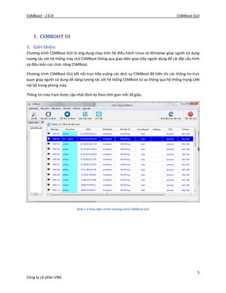 CSMBoot - 2.0.0 CSMBoot GUI
5
Công ty cổ phần VNG
1. CSMBOOT UI
1. Giới thiệu
Chương trình CSMBoot GUI là ứng dụng chạy trên hệ điều hành Linux và Windows giúp người sử dụng
tương tác với hệ thống máy chủ CSMBoot thông qua giao diện giao tiếp người dùng để cài đặt cấu hình
và điều kiển các chức năng CSMBoot.
Chương trình CSMBoot GUI kết nối trực tiếp xuống các dịch vụ CSMBoot để hiển thị các thông tin trực
quan giúp người sử dụng dễ dàng tương tác với hệ thống CSMBoot từ xa thông qua hệ thống mạng LAN
nội bộ trong phòng máy.
Thông tin máy trạm được cập nhật định kỳ theo thời gian mỗi 30 giây.
Hình 1-1 Giao diện chính chương trình CSMBoot GUI
 