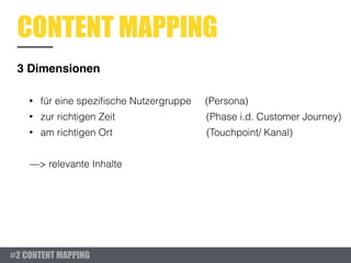 CONTENT MAPPING
#2 CONTENT MAPPING
3 Dimensionen
• für eine speziﬁsche Nutzergruppe (Persona)
• zur richtigen Zeit (Phase i.d. Customer Journey)
• am richtigen Ort (Touchpoint/ Kanal)
—> relevante Inhalte
 