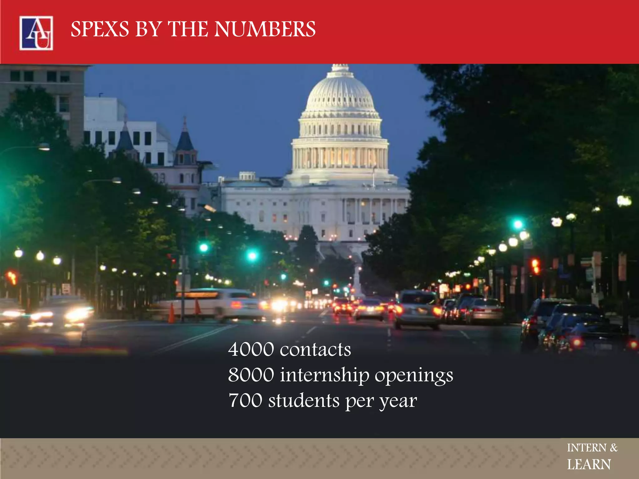 SPEXS BY THE NUMBERS
4000 contacts
8000 internship openings
700 students per year
INTERN &
LEARN
 