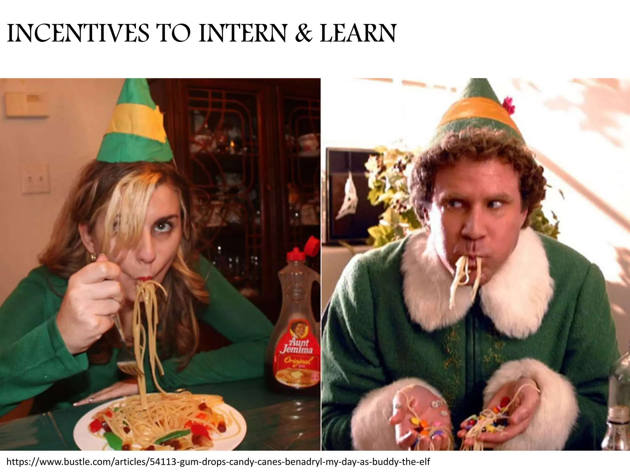 https://www.bustle.com/articles/54113-gum-drops-candy-canes-benadryl-my-day-as-buddy-the-elf
INCENTIVES TO INTERN & LEARN
 