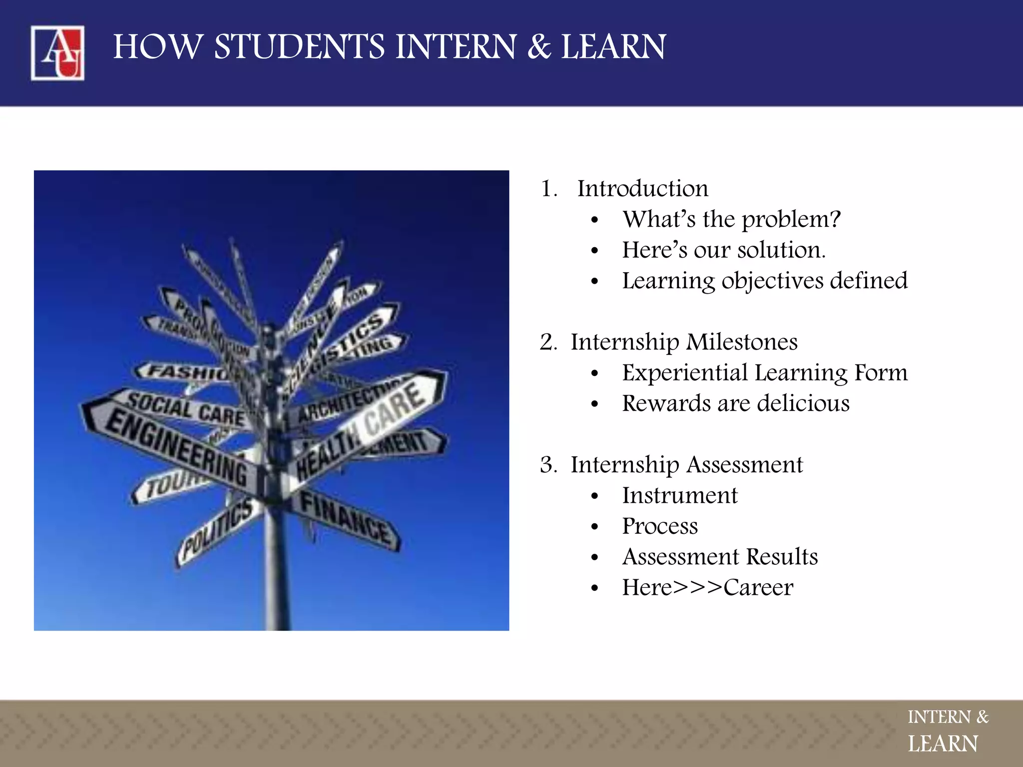 HOW STUDENTS INTERN & LEARN
1. Introduction
• What’s the problem?
• Here’s our solution.
• Learning objectives defined
2. Internship Milestones
• Experiential Learning Form
• Rewards are delicious
3. Internship Assessment
• Instrument
• Process
• Assessment Results
• Here>>>Career
INTERN &
LEARN
 