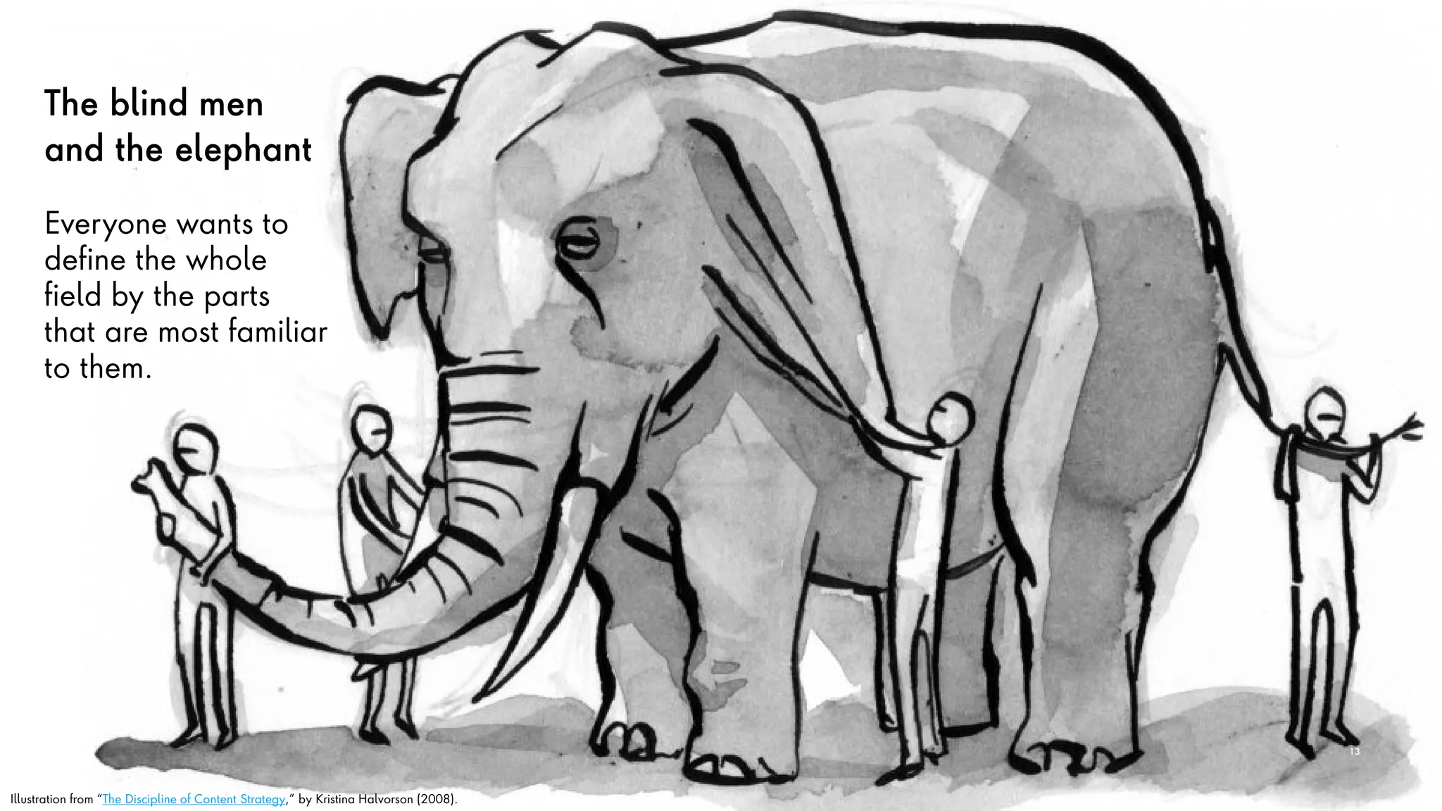 The blind men
and the elephant
Everyone wants to
define the whole
field by the parts
that are most familiar
to them.
13
Illustration from “The Discipline of Content Strategy,” by Kristina Halvorson (2008).
 