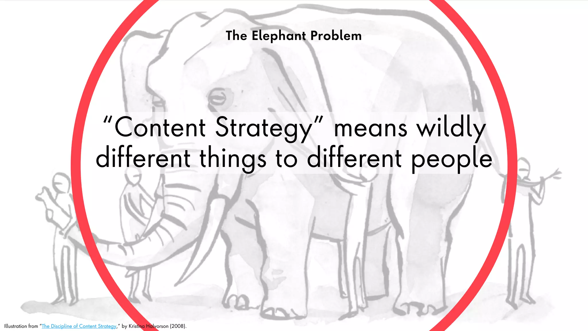 “Content Strategy” means wildly
different things to different people
The Elephant Problem
Illustration from “The Discipline of Content Strategy,” by Kristina Halvorson (2008).
 