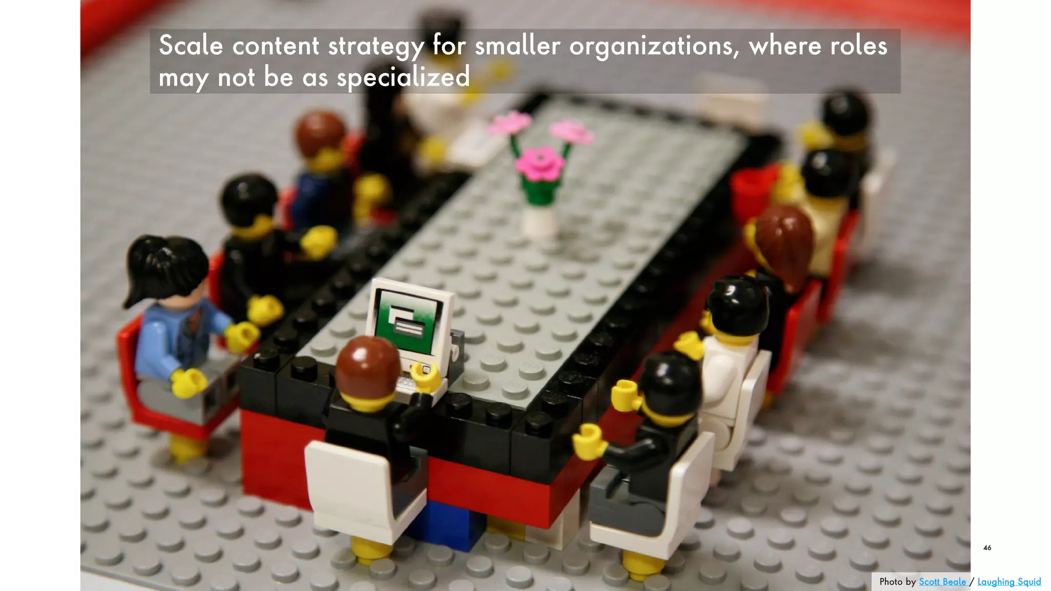 Scale content strategy for smaller organizations, where roles
may not be as specialized
46
Photo by Scott Beale / Laughing Squid
 