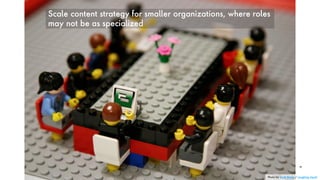 Scale content strategy for smaller organizations, where roles
may not be as specialized
46
Photo by Scott Beale / Laughing Squid
 