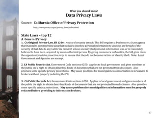What you should know!
Data Privacy Laws
Source: California Office of Privacy Protection
http://www.privacy.ca.gov/privacy_laws/index.shtml
State Laws – top 12
A. General Privacy
1. CA Original Privacy Law, SB 1386: Notice of security breach: This bill requires a business or a State agency
that maintains computerized data that includes specified personal information to disclose any breach of the
security of that data to any California resident whose unencrypted personal information was, or is reasonably
believed to have been, acquired by an unauthorized person. By giving consumers such notice, the bill gives them
the opportunity to take proactive steps to ensure that they do not become victims of identity theft. Note: Local
Government and Agencies are exempt.
2. CA Public Records Act, Government Code sections 6250: Applies to local government and gives members of
the public the a right to obtain described kinds of documents that are not protected from disclosure. Also
provides some specific privacy protections. May cause problems for municipalities as information is forwarded to
brokers without properly redacting the PII.
3. CA Public Records Act, Government Code sections 6250: Applies to local government and gives members of
the public the right to obtain described kinds of documents that are not protected from disclosure. Also provides
some specific privacy protections. May cause problems for municipalities as information must be properly
redacted before providing to information brokers.
17
 