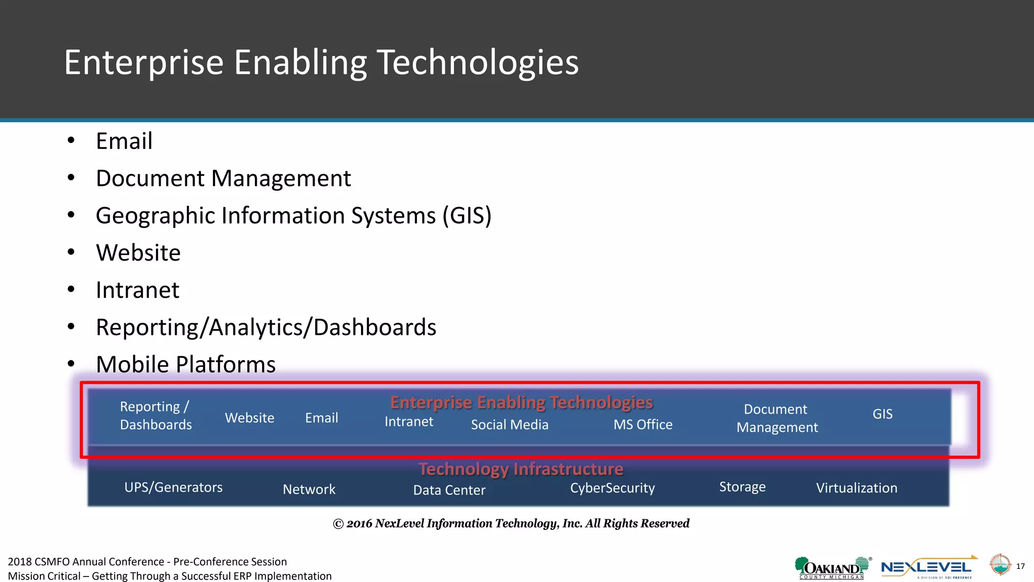 17
© 2016 NexLevel Information Technology, Inc. All Rights Reserved
Technology Infrastructure
Enterprise Enabling Technologies
Data CenterUPS/Generators Network Storage
Email GISDocument
ManagementIntranetWebsite
CyberSecurity
Reporting /
Dashboards Social Media MS Office
Virtualization
Enterprise Enabling Technologies
• Email
• Document Management
• Geographic Information Systems (GIS)
• Website
• Intranet
• Reporting/Analytics/Dashboards
• Mobile Platforms
2018 CSMFO Annual Conference - Pre-Conference Session
Mission Critical – Getting Through a Successful ERP Implementation
 