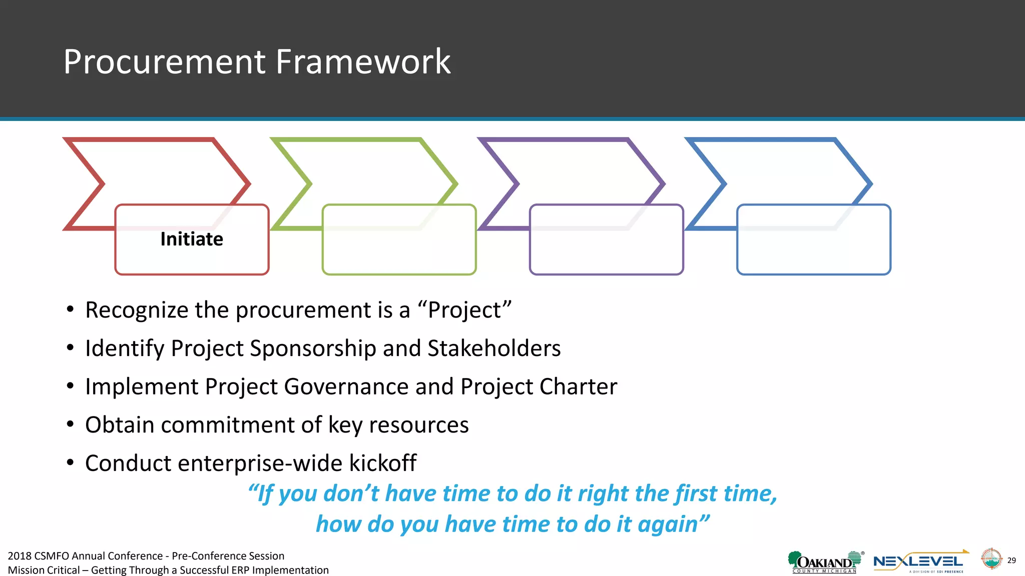 29
Procurement Framework
Initiate
• Recognize the procurement is a “Project”
• Identify Project Sponsorship and Stakeholders
• Implement Project Governance and Project Charter
• Obtain commitment of key resources
• Conduct enterprise-wide kickoff
“If you don’t have time to do it right the first time,
how do you have time to do it again”
2018 CSMFO Annual Conference - Pre-Conference Session
Mission Critical – Getting Through a Successful ERP Implementation
 
