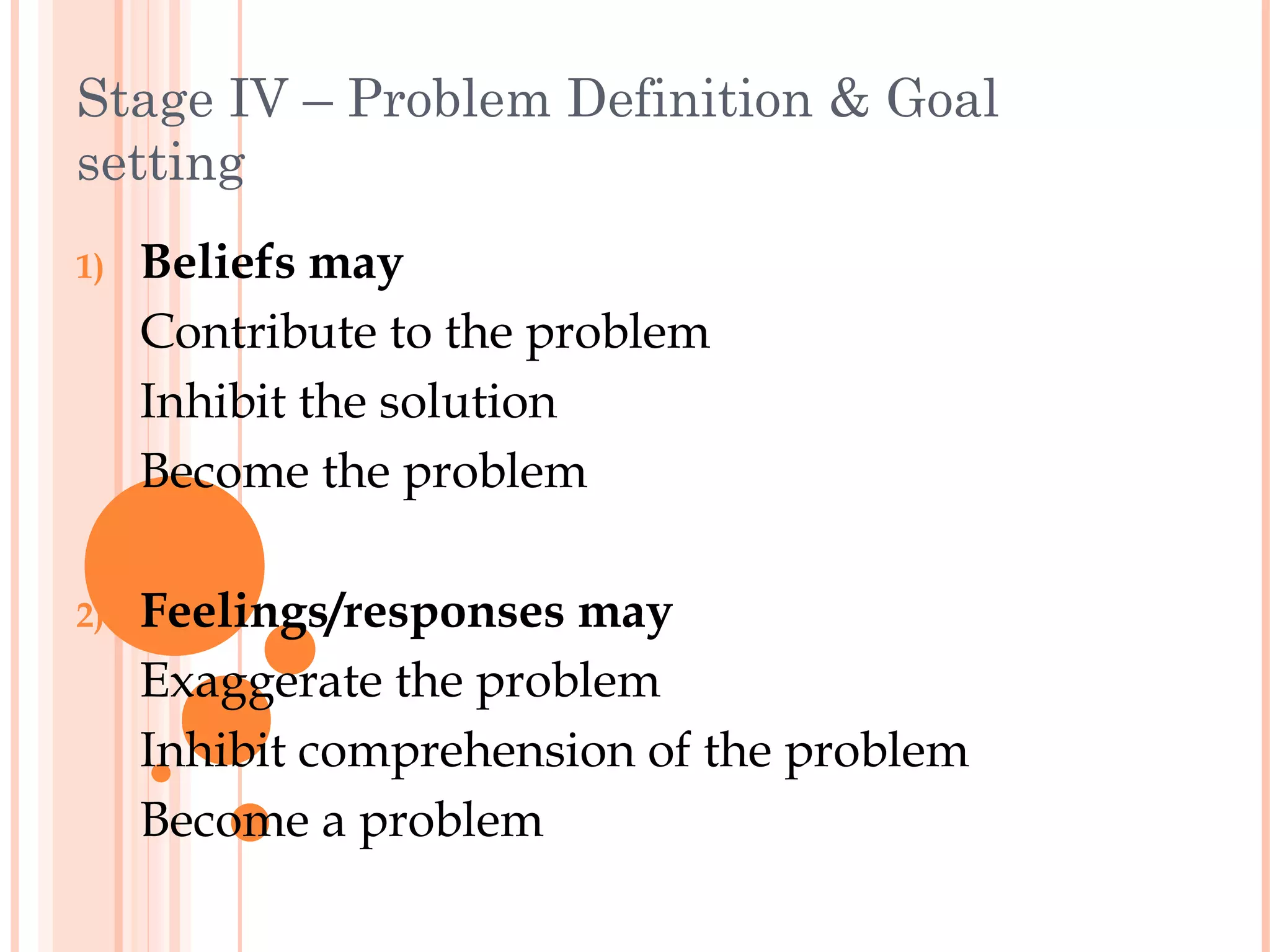Stage IV – Problem Definition & Goal
setting
1)   Beliefs may
     Contribute to the problem
     Inhibit the solution
     Become the problem

2)   Feelings/responses may
     Exaggerate the problem
     Inhibit comprehension of the problem
     Become a problem
 