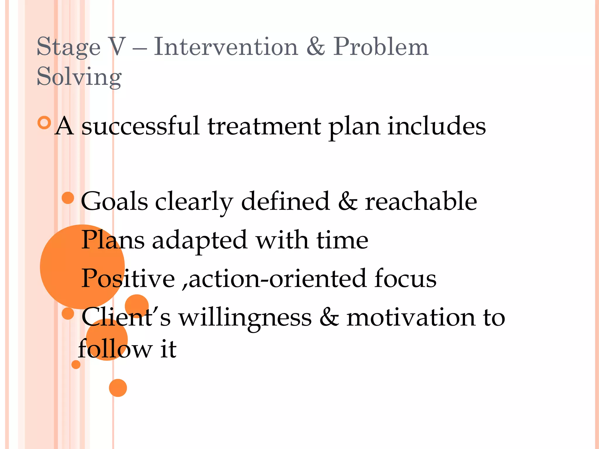 Stage V – Intervention & Problem
Solving
A   successful treatment plan includes

 Goals  clearly defined & reachable
 Plans adapted with time
 Positive ,action-oriented focus
 Client’s willingness & motivation to
  follow it
 