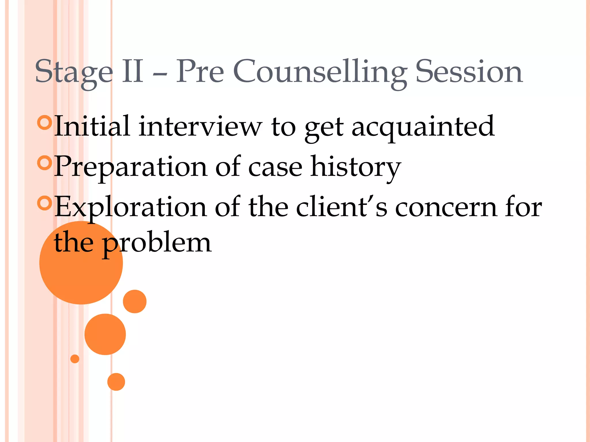 Stage II – Pre Counselling Session
Initial
       interview to get acquainted
Preparation of case history
Exploration of the client’s concern for
 the problem
 