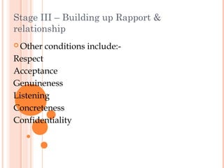 Stage III – Building up Rapport &
relationship
 Other   conditions include:-
Respect
Acceptance
Genuineness
Listening
Concreteness
Confidentiality
 