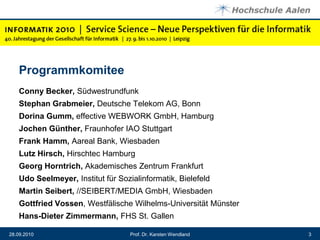 ProgrammkomiteeConny Becker, SüdwestrundfunkStephan Grabmeier, Deutsche Telekom AG, BonnDorina Gumm, effective WEBWORK GmbH, HamburgJochen Günther, Fraunhofer IAO StuttgartFrank Hamm, Aareal Bank, WiesbadenLutz Hirsch, Hirschtec HamburgGeorg Horntrich, Akademisches Zentrum FrankfurtUdo Seelmeyer, Institut für Sozialinformatik, BielefeldMartin Seibert, //SEIBERT/MEDIA GmbH, WiesbadenGottfried Vossen, Westfälische Wilhelms-Universität MünsterHans-Dieter Zimmermann, FHS St. GallenProf. Dr. Karsten Wendland28.09.20103