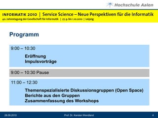 ProgrammProf. Dr. Karsten Wendland28.09.201049:00 – 10:30EröffnungImpulsvorträge9:00 – 10:30 Pause11:00 – 12:30Themenspezialisierte Diskussionsgruppen (Open Space)Berichte aus den GruppenZusammenfassung des Workshops