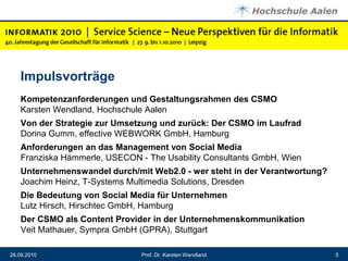 ImpulsvorträgeKompetenzanforderungen und Gestaltungsrahmen des CSMOKarsten Wendland, Hochschule AalenVon der Strategie zur Umsetzung und zurück: Der CSMO im LaufradDorina Gumm, effective WEBWORK GmbH, HamburgAnforderungen an das Management von Social Media Franziska Hämmerle, USECON - The Usability Consultants GmbH, WienUnternehmenswandel durch/mit Web2.0 - wer steht in der Verantwortung?Joachim Heinz, T-Systems Multimedia Solutions, DresdenDie Bedeutung von Social Media für UnternehmenLutz Hirsch, Hirschtec GmbH, HamburgDer CSMO als Content Provider in der UnternehmenskommunikationVeit Mathauer, Sympra GmbH (GPRA), StuttgartProf. Dr. Karsten Wendland28.09.20105