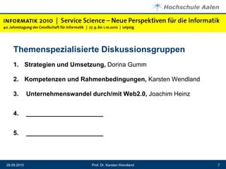 Themenspezialisierte Diskussionsgruppen1. 	Strategien und Umsetzung, Dorina Gumm2. 	Kompetenzen und Rahmenbedingungen, Karsten Wendland3. 	 Unternehmenswandel durch/mit Web2.0, Joachim Heinz4. 	 ______________________5. 	 ______________________Prof. Dr. Karsten Wendland28.09.20107