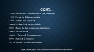 CONT…
• 1995 – Amazon and E-Bay and Audio Live Streaming
• 1998 – Paypal for Online payments
• 1999 – Alibaba was launched
• 2000 – Pay Per Click for google Ads
• 2003 – iTunes the first major music digital store
• 2005 – Amazon Prime
• 2006 – 1st
Facebook Advertisements
• 2008 – Mobile E-Commerce
• 2013 –Youtube Online Entertainment
https://www.plytix.com/blog/evolution-of-ecommerce-timeline
 