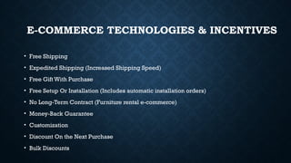 E-COMMERCE TECHNOLOGIES & INCENTIVES
• Free Shipping
• Expedited Shipping (Increased Shipping Speed)
• Free Gift With Purchase
• Free Setup Or Installation (Includes automatic installation orders)
• No Long-Term Contract (Furniture rental e-commerce)
• Money-Back Guarantee
• Customization
• Discount On the Next Purchase
• Bulk Discounts
 