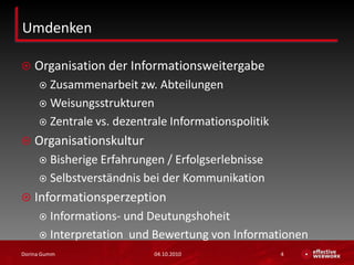 Umdenken	Organisation der InformationsweitergabeZusammenarbeit zw. AbteilungenWeisungsstrukturenZentrale vs. dezentrale InformationspolitikOrganisationskulturBisherige Erfahrungen / ErfolgserlebnisseSelbstverständnis bei der KommunikationInformationsperzeptionInformations- und DeutungshoheitInterpretation  und Bewertung von Informationen03.10.2010Dorina Gumm4