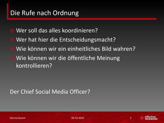 Die Rufe nach OrdnungWer soll das alles koordinieren?Wer hat hier die Entscheidungsmacht?Wie können wir ein einheitliches Bild wahren?Wie können wir die öffentliche Meinung kontrollieren?Der Chief Social Media Officer?03.10.2010Dorina Gumm5