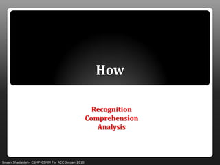 How

                                                   Recognition
                                                 Comprehension
                                                    Analysis



Bayan Shadaideh- CSMP-CSMM For ACC Jordan 2010
 