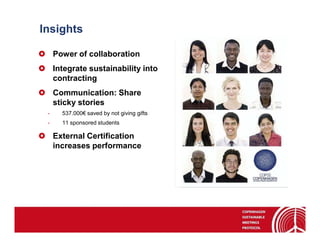 Insights

     Power of collaboration
     Integrate sustainability into
     contracting
     Communication: Share
     sticky stories
 -     537.000€ saved by not giving gifts
 -     11 sponsored students

     External Certification
     increases performance
 