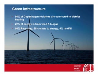 Green Infrastructure

• 96% of Copenhagen residents are connected to district
  heating
• 22% of energy is from wind & biogas
• 56% Recycling, 39% waste to energy, 5% landfill
 
