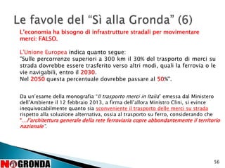 56
L’economia ha bisogno di infrastrutture stradali per movimentare
merci: FALSO.
L'Unione Europea indica quanto segue:
"Sulle percorrenze superiori a 300 km il 30% del trasporto di merci su
strada dovrebbe essere trasferito verso altri modi, quali la ferrovia o le
vie navigabili, entro il 2030.
Nel 2050 questa percentuale dovrebbe passare al 50%".
Da un’esame della monografia “Il trasporto merci in Italia” emessa dal Ministero
dell’Ambiente il 12 febbraio 2013, a firma dell’allora Ministro Clini, si evince
inequivocabilmente quanto sia sconveniente il trasporto delle merci su strada
rispetto alla soluzione alternativa, ossia al trasporto su ferro, considerando che
“…l’architettura generale della rete ferroviaria copre abbondantemente il territorio
nazionale”.
 