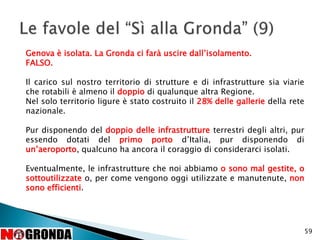 59
Genova è isolata. La Gronda ci farà uscire dall’isolamento.
FALSO.
Il carico sul nostro territorio di strutture e di infrastrutture sia viarie
che rotabili è almeno il doppio di qualunque altra Regione.
Nel solo territorio ligure è stato costruito il 28% delle gallerie della rete
nazionale.
Pur disponendo del doppio delle infrastrutture terrestri degli altri, pur
essendo dotati del primo porto d’Italia, pur disponendo di
un’aeroporto, qualcuno ha ancora il coraggio di considerarci isolati.
Eventualmente, le infrastrutture che noi abbiamo o sono mal gestite, o
sottoutilizzate o, per come vengono oggi utilizzate e manutenute, non
sono efficienti.
 
