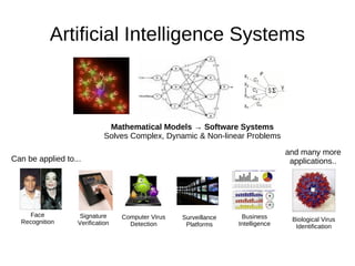Artificial Intelligence Systems



                              Mathematical Models → Software Systems
                             Solves Complex, Dynamic & Non-linear Problems

                                                                                 and many more
Can be applied to...                                                              applications..




    Face            Signature     Computer Virus   Surveillance    Business
  Recognition                                                                     Biological Virus
                   Verification     Detection       Platforms     Intelligence     Identification
 