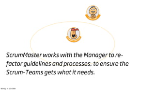 ScrumMaster works with the Manager to re-
       factor guidelines and processes, to ensure the
       Scrum-Teams gets what it needs.

Montag, 15. Juni 2009
 