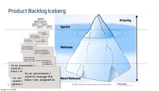 Product Backlog Iceberg
                                                                                      Priority

                              Sprint




                              Release




                              Next Release

              119                      © 2008  Objectbay So0ware & Consul9ng GmbH. 

Montag, 15. Juni 2009
 