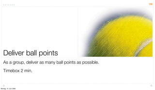 130




   Deliver ball points
   As a group, deliver as many ball points as possible.
   Timebox 2 min.


Montag, 15. Juni 2009
 