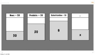 174




                        News -- 50   Produkte -- 30   Schnittstellen - 10   ...




                                         20                   9
                           30                                               x




Montag, 15. Juni 2009
 