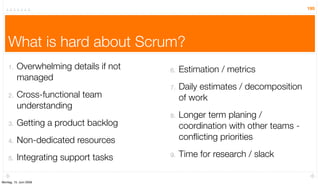 195




    What is hard about Scrum?
    1.    Overwhelming details if not   6.   Estimation / metrics
          managed
                                        7.   Daily estimates / decomposition
    2.    Cross-functional team              of work
          understanding
                                        8.   Longer term planing /
    3.    Getting a product backlog          coordination with other teams -
    4.    Non-dedicated resources            conﬂicting priorities

    5.    Integrating support tasks     9.   Time for research / slack

Montag, 15. Juni 2009
 