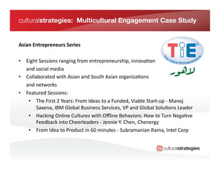 culturalstrategies: Multicultural Engagement Case Study


Asian	
  Entrepreneurs	
  Series	
  

•  Eight	
  Sessions	
  ranging	
  from	
  entrepreneurship,	
  innova*on	
  
   	
  and	
  social	
  media	
  	
  
•  Collaborated	
  with	
  Asian	
  and	
  South	
  Asian	
  organiza*ons	
  	
  
   	
  and	
  networks	
  
•  Featured	
  Sessions:	
  
        •  The	
  First	
  2	
  Years:	
  From	
  Ideas	
  to	
  a	
  Funded,	
  Viable	
  Start-­‐up	
  -­‐	
  Manoj	
  
              Saxena,	
  IBM	
  Global	
  Business	
  Services,	
  VP	
  and	
  Global	
  Solu*ons	
  Leader	
  
        •  Hacking	
  Online	
  Cultures	
  with	
  Oﬄine	
  Behaviors:	
  How	
  to	
  Turn	
  Nega*ve	
  
              Feedback	
  into	
  Cheerleaders	
  -­‐	
  Jennie	
  Y.	
  Chen,	
  Chenergy	
  
        •  From	
  Idea	
  to	
  Product	
  in	
  60	
  minutes	
  -­‐	
  Subramanian	
  Rama,	
  Intel	
  Corp	
  
 