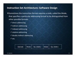 Instruction Set Architecture: Software Design
Sometimes the instruction format requires a code, called the Mode,
that specifies a particular addressing format to be distinguished from
other possible formats
direct addressing
indirect addressing
indexed addressing
relative addressing
doubly indirect addressing
etc.
Dr. Sudip Roy 10
OpCode Op. (Addr.)
Op. (Addr.) Mode
Mode
 
