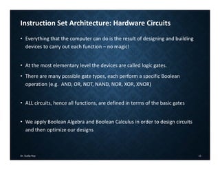 Instruction Set Architecture: Hardware Circuits
• Everything that the computer can do is the result of designing and building
devices to carry out each function – no magic!
• At the most elementary level the devices are called logic gates.
• There are many possible gate types, each perform a specific Boolean
operation (e.g. AND, OR, NOT, NAND, NOR, XOR, XNOR)
• ALL circuits, hence all functions, are defined in terms of the basic gates
• We apply Boolean Algebra and Boolean Calculus in order to design circuits
and then optimize our designs
Dr. Sudip Roy 11
 