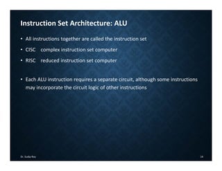 Instruction Set Architecture: ALU
• All instructions together are called the instruction set
• CISC complex instruction set computer
• RISC reduced instruction set computer
• Each ALU instruction requires a separate circuit, although some instructions
may incorporate the circuit logic of other instructions
Dr. Sudip Roy 14
 