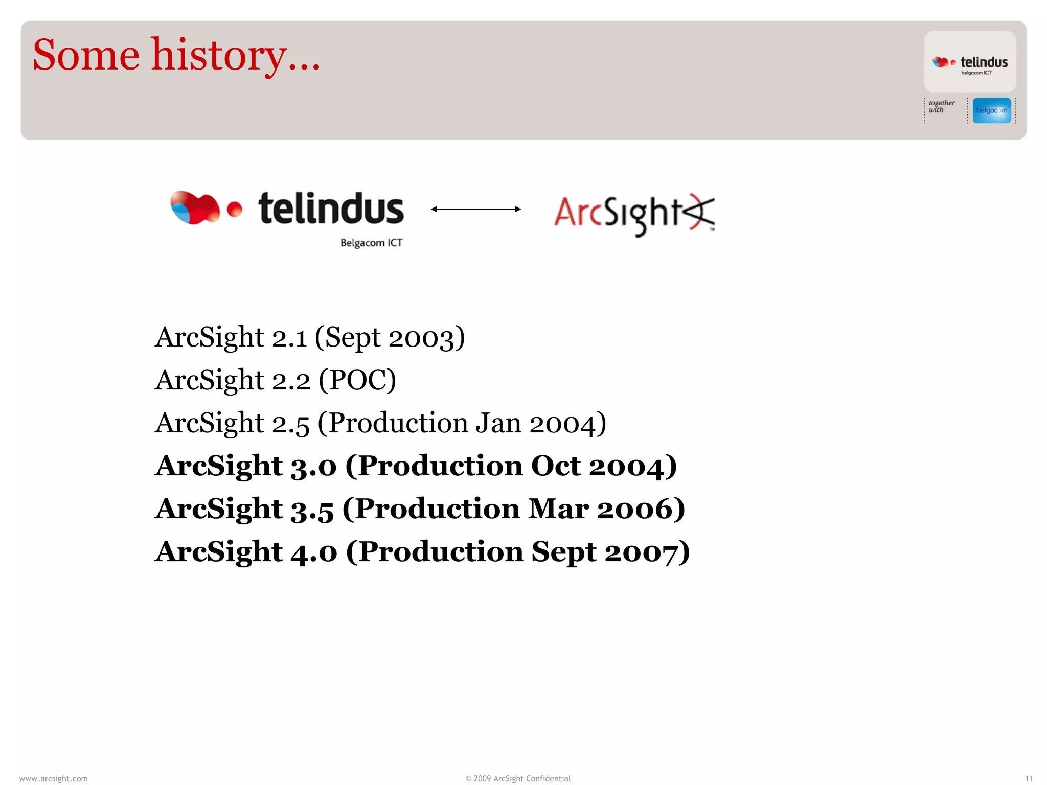 Some history…




                   ArcSight 2.1 (Sept 2003)
                   ArcSight 2.2 (POC)
                   ArcSight 2.5 (Production Jan 2004)
                   ArcSight 3.0 (Production Oct 2004)
                   ArcSight 3.5 (Production Mar 2006)
                   ArcSight 4.0 (Production Sept 2007)




www.arcsight.com                          © 2009 ArcSight Confidential   11
 